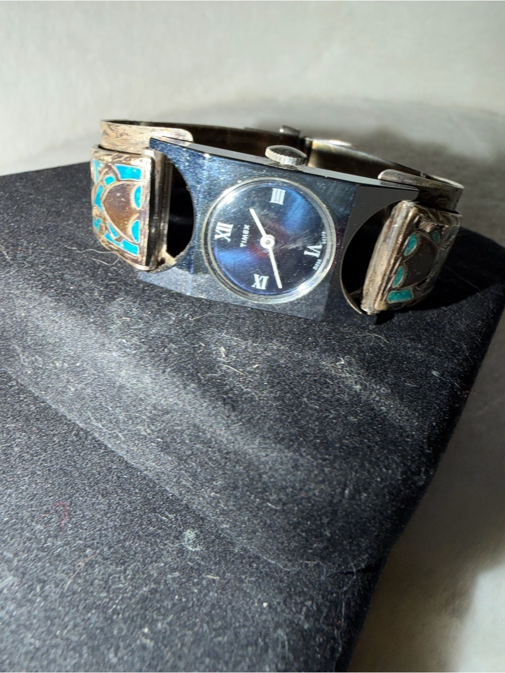 Turquoise Inlay Silver Cuff Watch - Black Dial